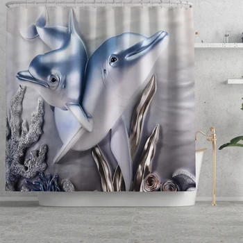  3D Okeāna Vannas Aizkars Dušas Anti-skid Vannas Paklājiņu Komplekts Paklāji Tualetes Vāku, Vāka Delfīnu Dizaina Ūdensizturīgs Druka Ar 12 Āķis