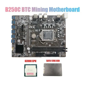  B250C BTC Ieguves Mātesplati ar G3900 CPU+SSD 120G LGA1151 12XPCIE, lai USB3.0 Grafikas Kartes Slots BTC Miner Ieguves