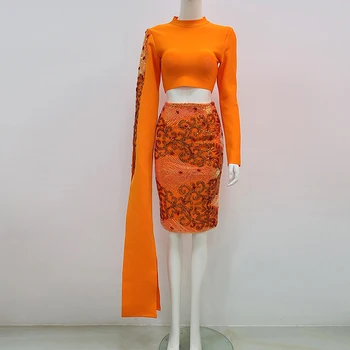  Bezmaksas Piegāde Jaunu Oranžā Krāsā Ar Garām Piedurknēm Vizuļi Pārsējs Top&Svārki Modes Mini Sexy Divdaļīgs Kostīms Puse Nosaka Slavenību