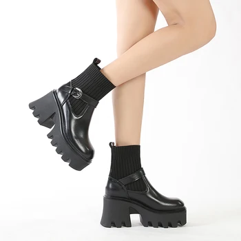  Gothic black sieviešu papēžu zābaki sexy stiept īsi zābaki sieviešu ūdensizturīgs platformas ar augstu papēdi biezs apakšā biezs papēdis vienu boot