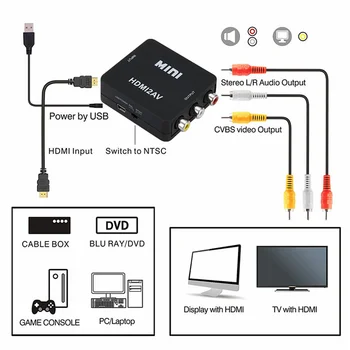  HDMI-savietojams AR AV Scaler Adapteris HD Video Composite Converter Box HD uz RCA AV/CVSB L/R Video 1080P Atbalsts NTSC PAL