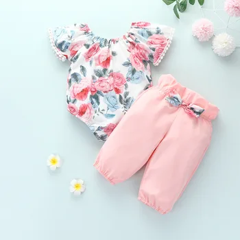  Ir 2021. Vasaras Jaundzimušais Meitene Drēbes, Uzstādīt Īsām Piedurknēm Drukāšanas Ziedi +Pinking Garas Bikses Tērpiem Toddler Meitene
