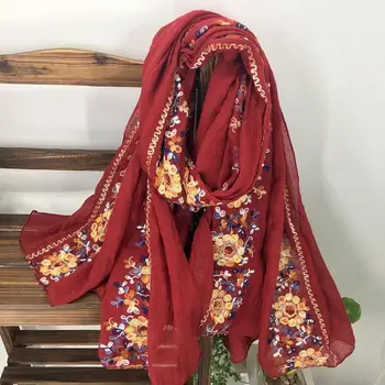  Izšūt Ziedu Etniskā Stila Kokvilnas Veļa, Šalle Šalle Sievietēm Pavasara Rudens Cietā Zīda Pashmina Bufanda Ceļojumu Musulmaņu Hijab Wrap