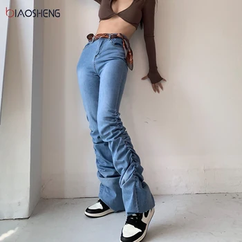  Kaudzē, Džinsi, Sieviešu Ruched Džinsa Bikses Zilā Krāsā Augsta Vidukļa Džinsus Ir 2021. Streetwear Modes Sexy Vintage Jeans Y2k Kabatas Bikses
