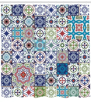  Marokas Dušas Aizkaru Komplekts Mozaīkas Flīžu Izskatu Blueish Kvadrātu Aizkaru Vannas istaba Dekori 12 Āķi, Dekoratīvas Pirts Piederumu