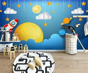 Pasūtījuma 3d tapetes Karikatūra stils Fantāzijas telpu zvaigžņotām raķešu karikatūra foto tapetes, bērnu istabas Dekoratīvie 3d tapetes