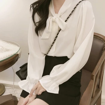  Piedurknēm V-veida kakla korejiešu Stilā Salds Elegants Drapēti Biroja Dāmas Pavasara Atpūtas Elegantas Sieviešu Blūzes, Balta Šifona Krekli Loku Uzliesmojums