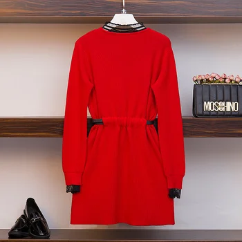  Plus Lieluma Rudens Dreses Sieviešu Trikotāžas Top kleita Biroja Dāmas Mežģīnes Raibs garām Piedurknēm, Augsta Vidukļa Josta Adīšanas Kleitas 2021