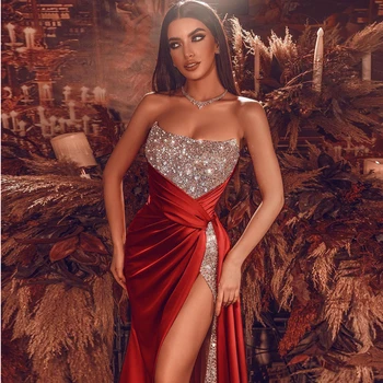  Sarkanā Strapless Augstu Šķēlumu Sequined Vakara Kleitas Luksusa Kristāli Sexy Piedurknēm Satīna Kroku Balles Tērpi Sievietēm 2022