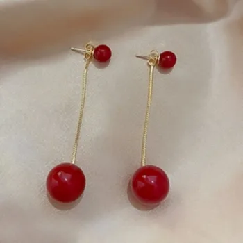  Sen atpakaļ karājas stilā ar diviem stilīgi auskari sarkanā krāsā, pērļu izmērs auskari sievietēm 2020. gadam rotaslietas aretes largos mujer de