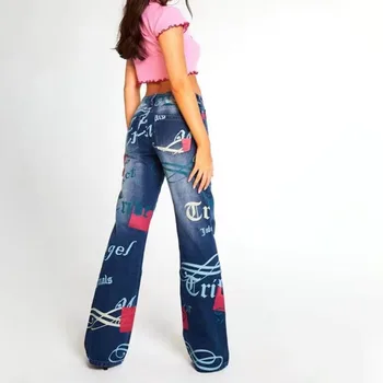  Sievietes Vēstuli Iespiests Modes Džinsi Zilā Retro Ielas Apģērbu Wide-leg Džinsi Y2k Jaunas Atpūtas Ragu Džinsi Pantalones Mujer De 2021
