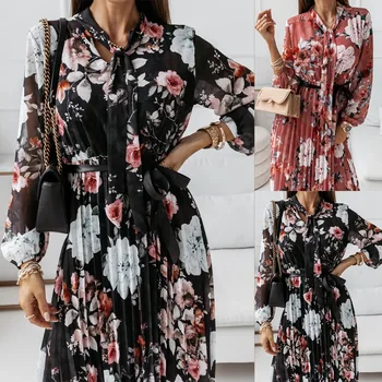  Šifona Kleita Strappy Gadījuma Sexy Rudens Ir 2021. Sieviešu Apģērbu Modes Hit ar garām Piedurknēm, Elegants Kleitas Apaļu Kakla Vintage